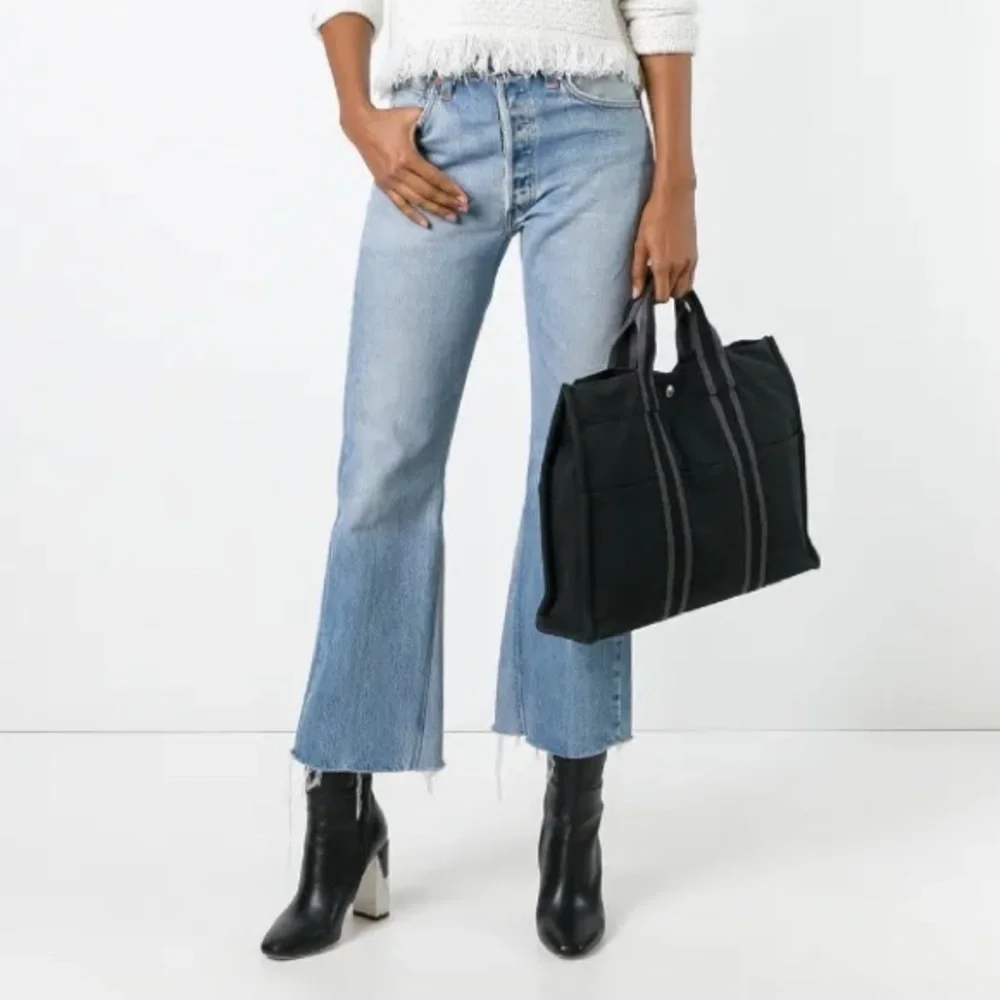 Hermes Black Canvas Tote with Gray Straps